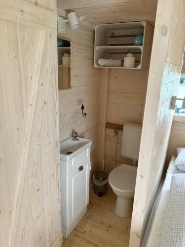 a small bathroom with a toilet and a sink at Tiny Beach House in Barkelsby