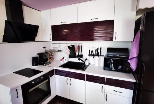 kuchnia z białymi szafkami i czarną lodówką w obiekcie Апартамент 204 Студенец w mieście Pamporowo