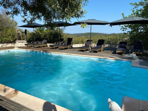 una gran piscina con sillas y sombrillas en Villa - un air Marin, en Tourrettes-sur-Loup