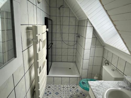 La petite salle de bains est pourvue d'une douche et d'un lavabo. dans l'établissement Maison 12 pers, Proche plages, Le Pouldu, à Clohars-Carnoët