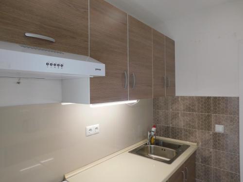 uma cozinha com armários de madeira e um lavatório em Tina apartman em Prnjavor