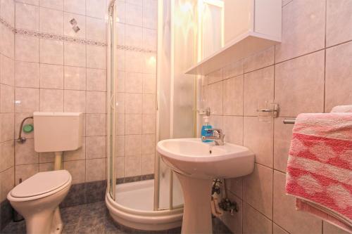 La salle de bains est pourvue d'un lavabo, de toilettes et d'une douche. dans l'établissement Apartment Pula 2281, à Pula