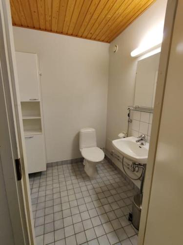 uma casa de banho com um WC e um lavatório em Kotimaailma - Avara kolmio saunalla ja meri näkymällä, lähellä Helsingin keskustaa em Helsinque