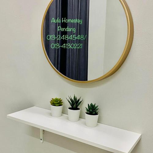a mirror on a wall with three potted plants on a shelf at Aufa Homestay 1 Bilik Aircond in Pendang