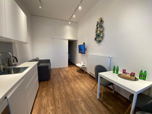 a kitchen and living room with a sink and a table at Noelle apartment in Ljubljana