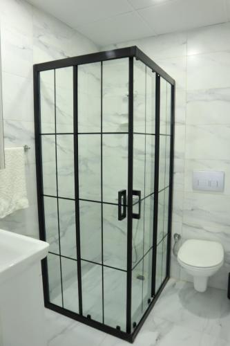 a bathroom with a toilet and a glass shower door at La Sorella in Dalyan