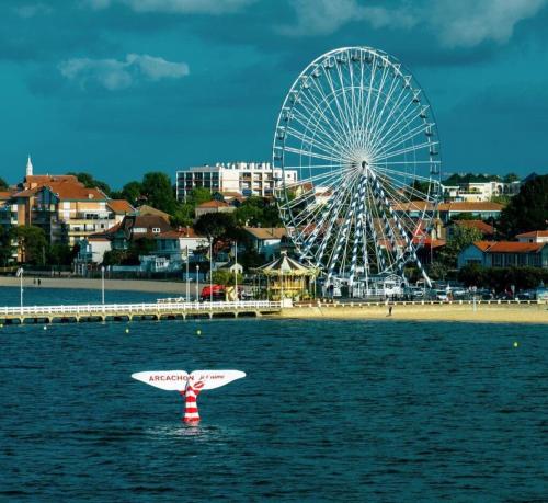 une roue ferris dans l'eau à côté d'une plage dans l'établissement Le studio de la plage centrale, à Arcachon