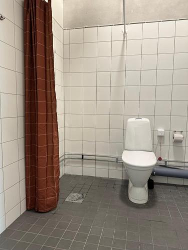 a bathroom with a toilet and a brown shower curtain at Ohmaria Hotell, del av Ohboy Hotell in Höllviken