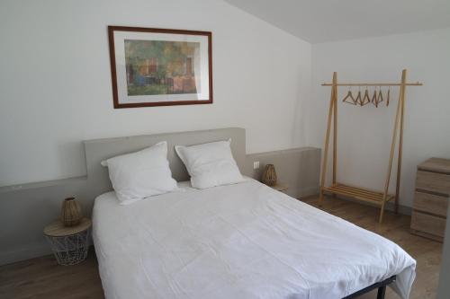 une chambre avec un lit blanc avec deux oreillers dans l'établissement Loft Porte Sud, à Salles-d'Aude