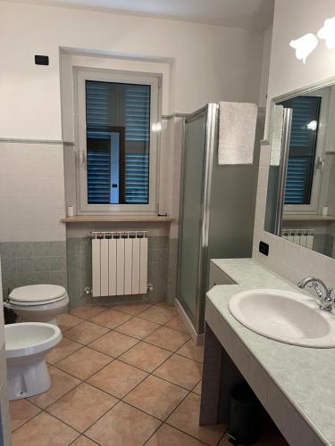 uma casa de banho com um WC, um lavatório e um chuveiro em casa mimose rosa II em SantʼAngelo in Pontano