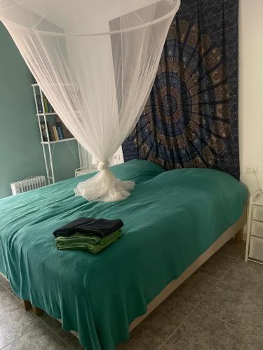 a bedroom with a green bed with a canopy at Villa Shanti Yoga & Meditation in Marciana