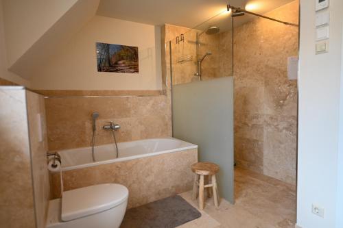 a bathroom with a tub and a toilet and a shower at Ferienhaus PuddeWohl in Puddemin