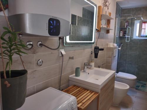a bathroom with a sink and a toilet and a mirror at Stone Villa Hvar Ana and Nikola Beachfront in Jelsa
