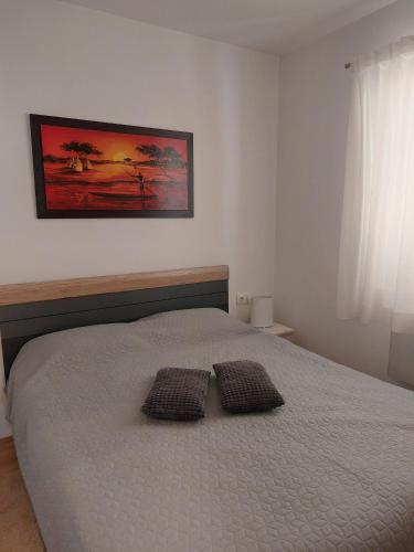 ein Schlafzimmer mit einem Bett mit zwei Kissen darauf in der Unterkunft Vesna Meterize A2+1 in Šibenik