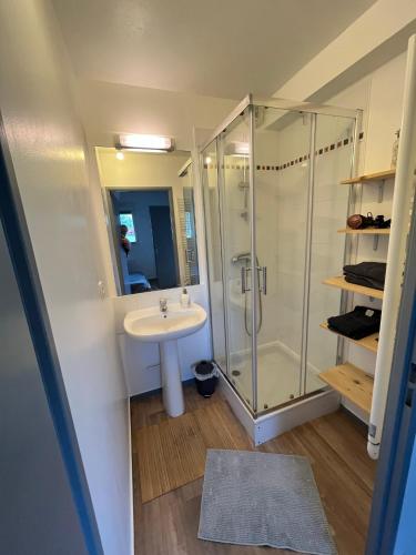 une salle de bain avec un lavabo et une douche dans l'établissement Très bel appartement proche de la mer, à Plestin-les-Grèves