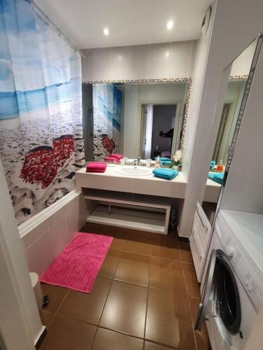 une salle de bain avec un lavabo et un grand miroir dans l'établissement Domaine Juan Flore, à Antibes