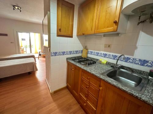- une cuisine avec un évier et un comptoir dans l'établissement Apartamentos Sol y Luna 3000, à Peñíscola