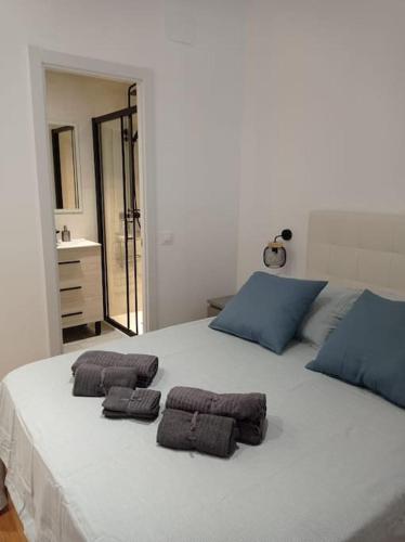 - un grand lit blanc avec 2 serviettes brunes dans l'établissement Apartamento Vista Bella, à Madrid