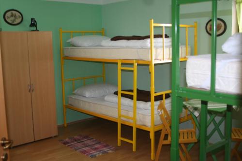 a room with three bunk beds in a room at Hostel Flores in Kostanjevac