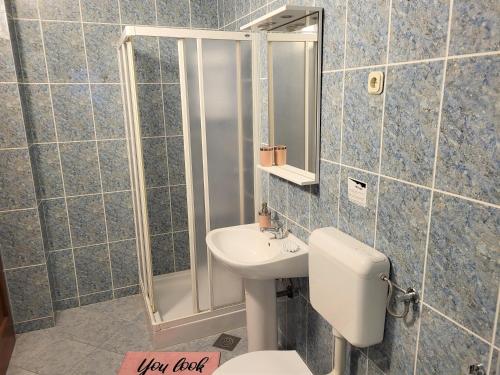 y baño con aseo, lavabo y ducha. en Primošten Apartman Dino en Primošten
