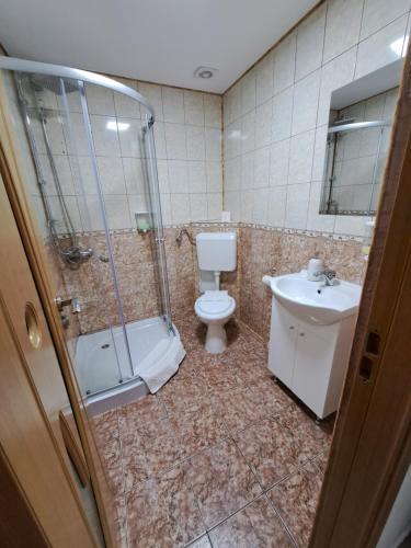 a bathroom with a toilet and a shower and a sink at Vila Monica in Buşteni