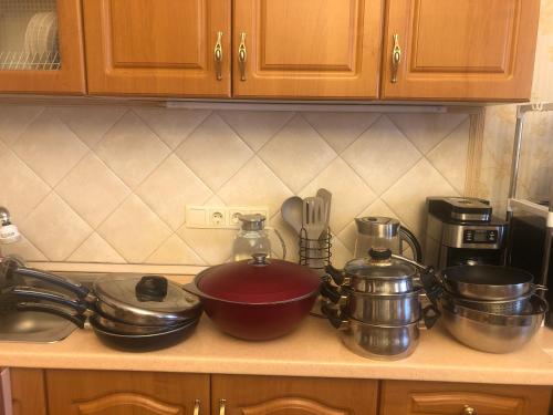 a kitchen counter top with pots and pans on it at УЮТНЫЙ ДОМ ДЛЯ ОТДЫХА, город-Бендеры ,Приднестровье in Bender