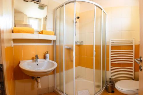 y baño con ducha y lavamanos. en Penzion na Smetance, en Zlín