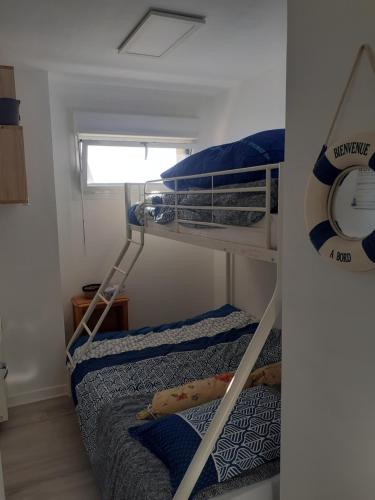 une chambre avec deux lits superposés et une fenêtre dans l'établissement Studio Cabine Sainte-Cécile à 100m de la plage, à Camiers