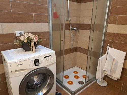 y baño con ducha y lavadora. en Casa Luci d'Alba, en Monzambano