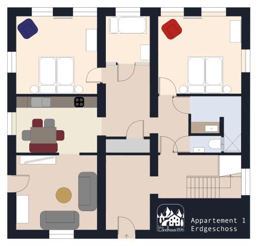 a floor plan of an apartment with furniture at Landhaus 1896 in Kössen