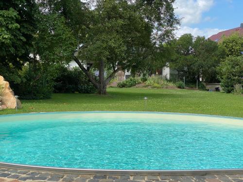 une grande piscine d'eau bleue dans une cour dans l'établissement Apartment mit romantischem Garten an der Märchenstraße!, à Reinhardshagen