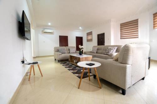 a living room with two couches and a tv at Irofo City Apartments in Accra