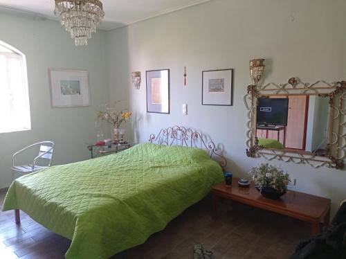 ポルト・ラフティにあるLuxury villa houseのベッドルーム(緑のベッド1台、鏡付)