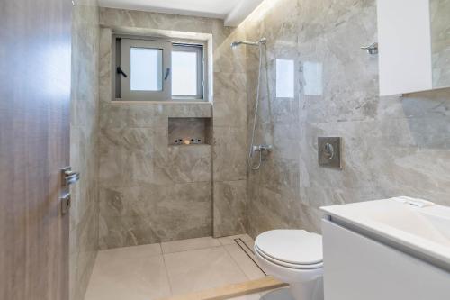 a bathroom with a shower and a toilet and a sink at Diorisa House in Lardos