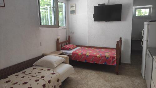 pokój z dwoma łóżkami i telewizorem w obiekcie Maki Apartmani w Ulcinju