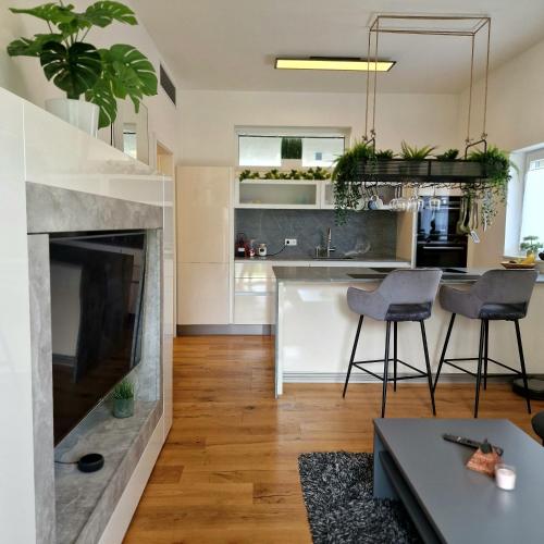 a living room with a fireplace and a kitchen at Best choice für Grazer Kurztripp in Graz