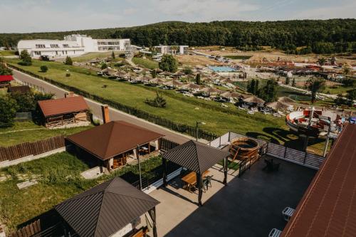 an aerial view of a marina with a building at Suzanne Băile Figa- camere hotel in Beclean