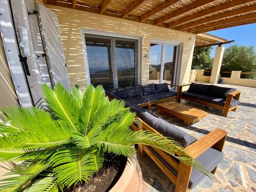 a patio with a couch and a palm tree at VILLA NOVA Leros in Drymonas