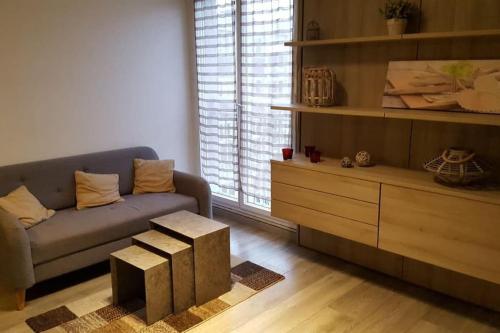un salon avec un canapé et une table dans l'établissement Appartement très calme, proche du stade de la Beaujoire, à Nantes