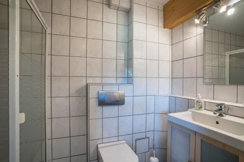 La salle de bains est pourvue de toilettes, d'un lavabo et d'une douche. dans l'établissement Ferienwohnung Ohnemus, à Schuttertal