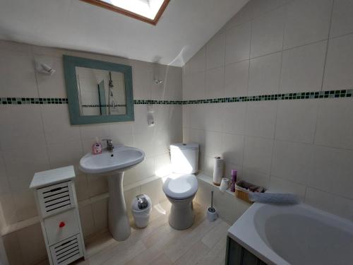 a bathroom with a sink and a toilet and a mirror at B&B Franglaise in Romagne