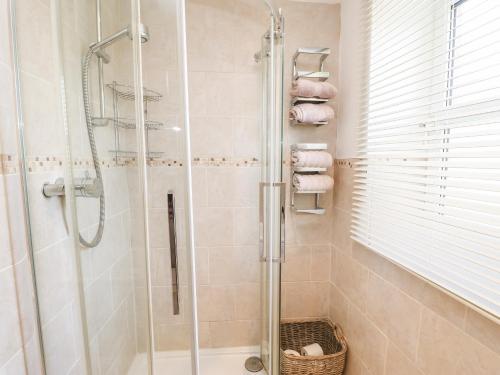 y baño con ducha y puerta de cristal. en Leisure Cottage en Kirkby Stephen