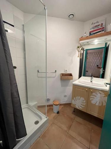 une salle de bain avec douche et lavabo dans l'établissement Casa Romy, à Argelès-sur-Mer