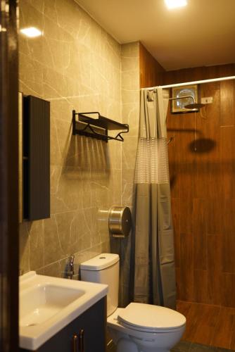 a bathroom with a toilet and a sink and a shower at Mad Monkey Vang Vieng in Vang Vieng