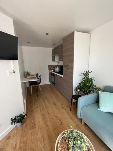 un salon avec un canapé bleu et une cuisine dans l'établissement LE NID DU CHARMANT, à Montagne