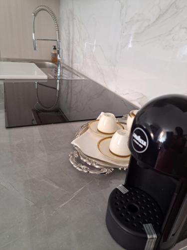 a kitchen with a sink and a table with dishes at Centro storico, Centralissimo LUXURY SMERALDO SUITE Doccia Idromassaggio , cesto con piccola colazione in Ravenna