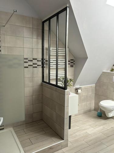 uma casa de banho com um chuveiro e um WC. em Le Montmieri em Dax