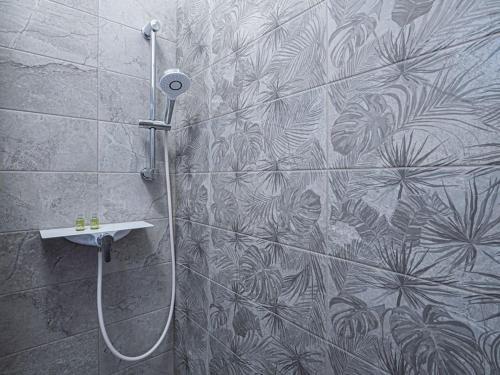 a shower in a bathroom with a wall at Vidra-lak with Private Parking in Budapest
