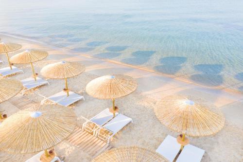 una vista aérea de las sillas y sombrillas de la playa en Potidea Palace Hotel en Nea Potidaea