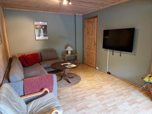 a living room with a couch and a flat screen tv at Kvamsdal Pensjonat in Eidfjord